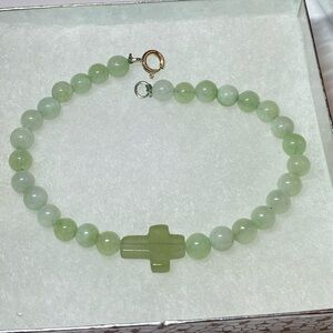 Vintage Honeydew Green Jade Cross Bar Sterling Silver Strand Bracelet
